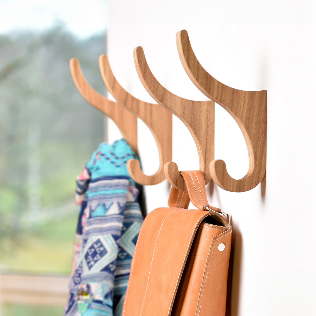 Set of 2 Wooden Wall Hooks for Storage Organization, Oak